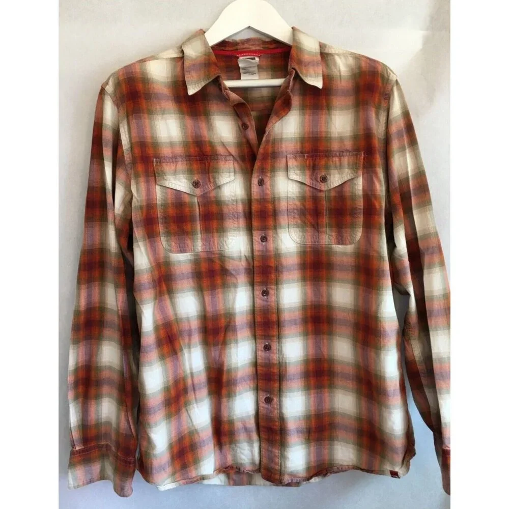 The North Face Mens Large Orange Plaid Button Up Long Sleeve Shirt Pocket Casual